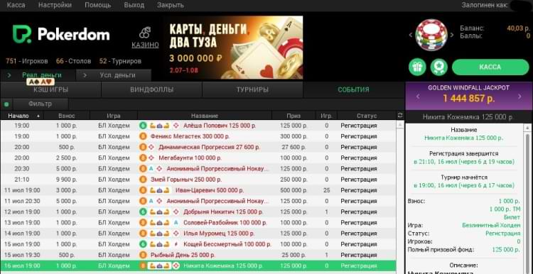 Вкладка событий