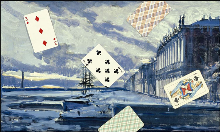 Летящие карты на фоне зимней питерской набережной